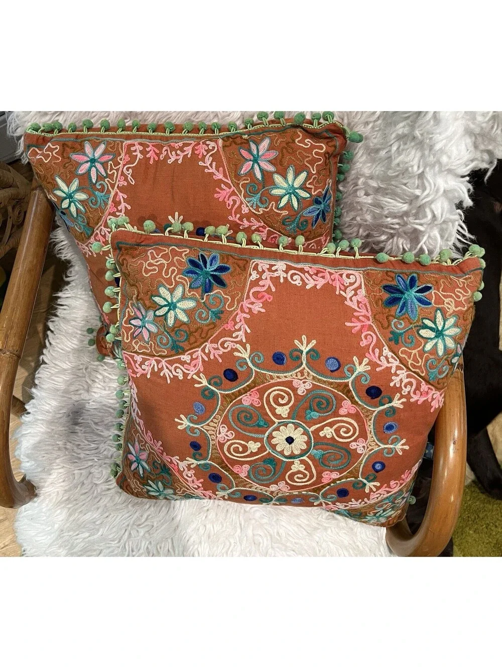 Karma Living Bohemian Coral Green Pom Pom Throw Pillow Hippie 60s Colorful 14” 2